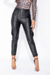 Black Faux Leather Cuffed Cargo Trousers