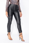 Black Faux Leather Cuffed Cargo Trousers