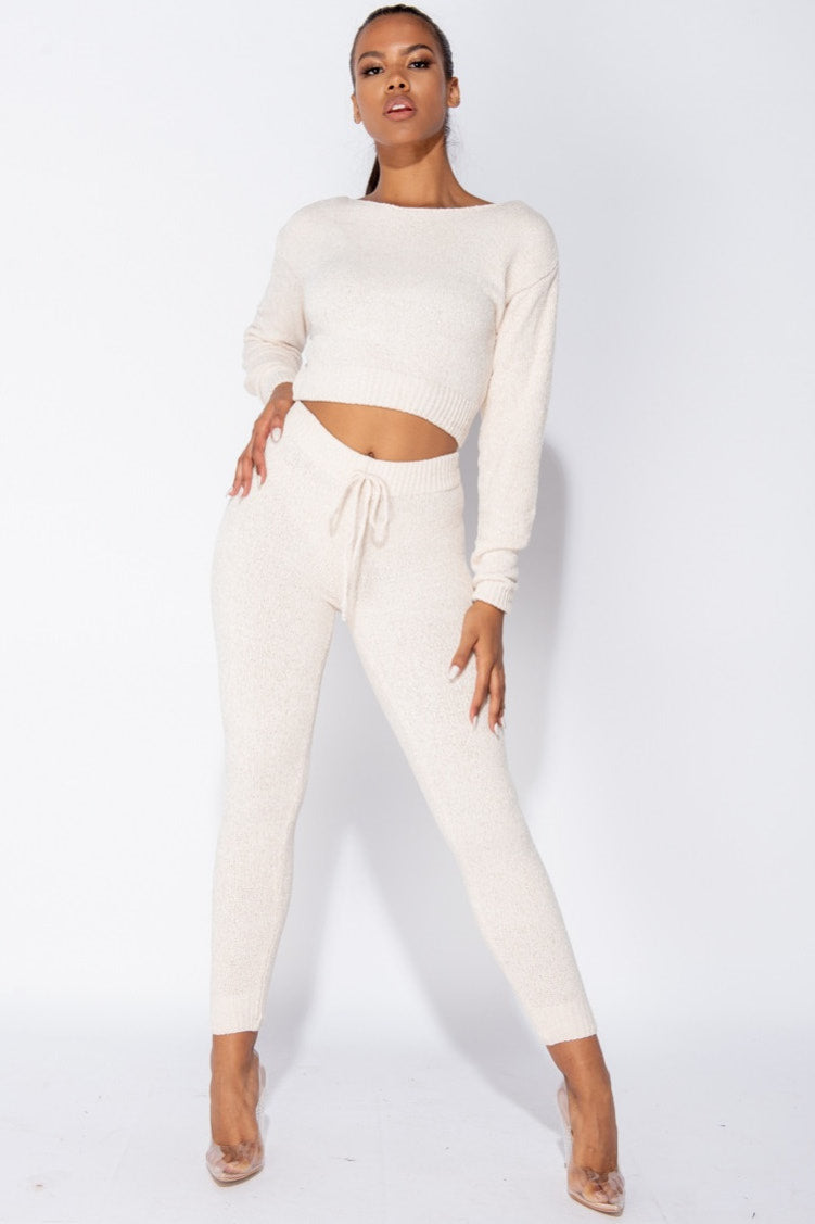 Cream Soft Knitted Chenille Loungewear Set