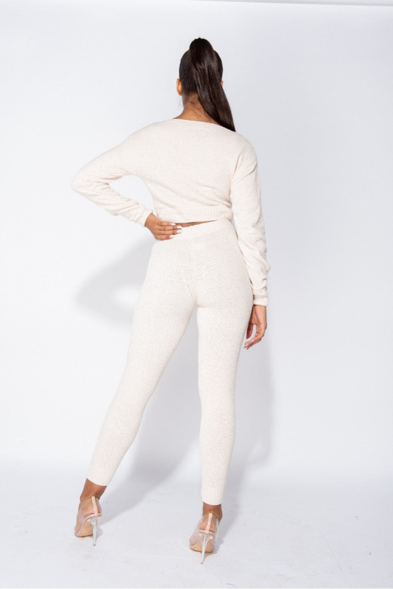 Cream Soft Knitted Chenille Loungewear Set