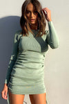 Sage Ribbed Ruched Long Sleeve Mini Dress
