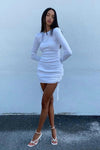 White Ribbed Ruched Long Sleeve Mini Dress