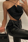 Black Satin Backless Cowl Neck Crop Top