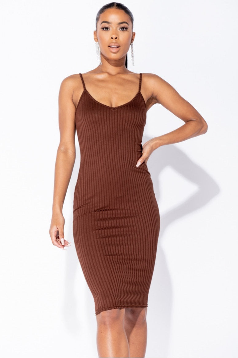 Brown Ribbed Plunge Bodycon Midi Dress