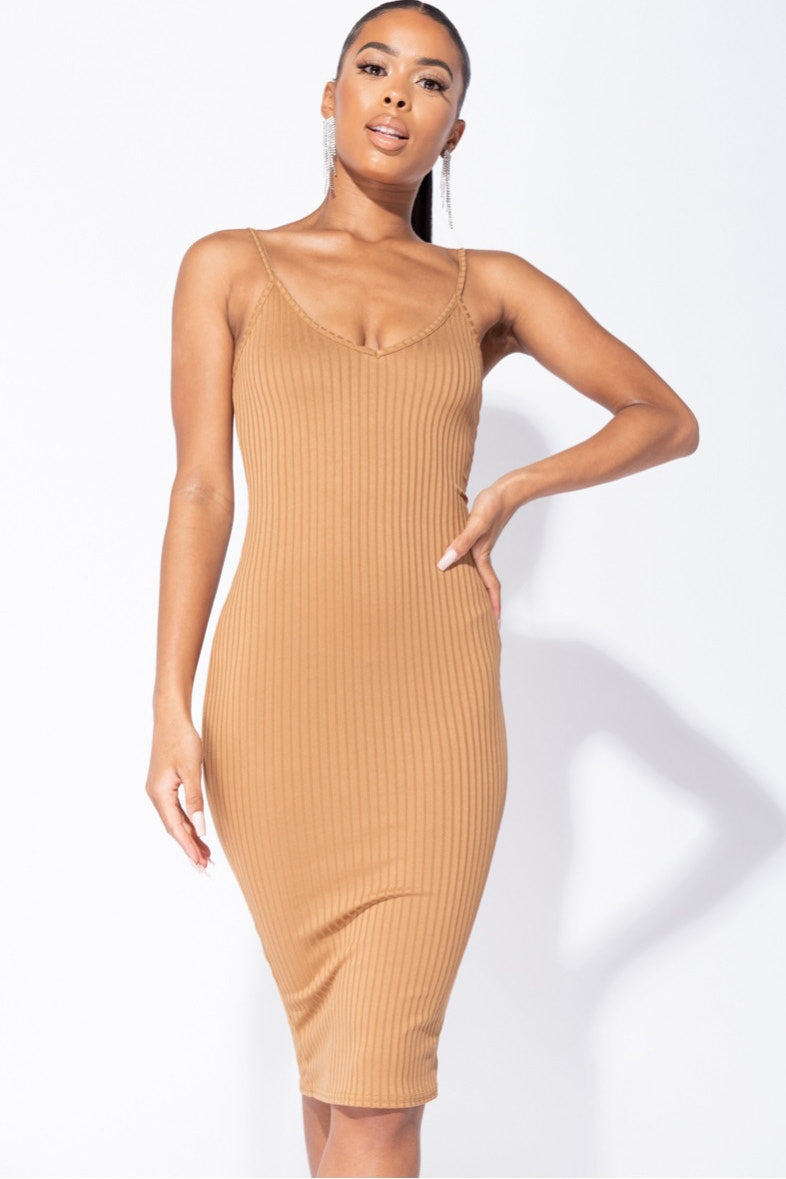 Camel Ribbed Plunge Bodycon Midi Dress