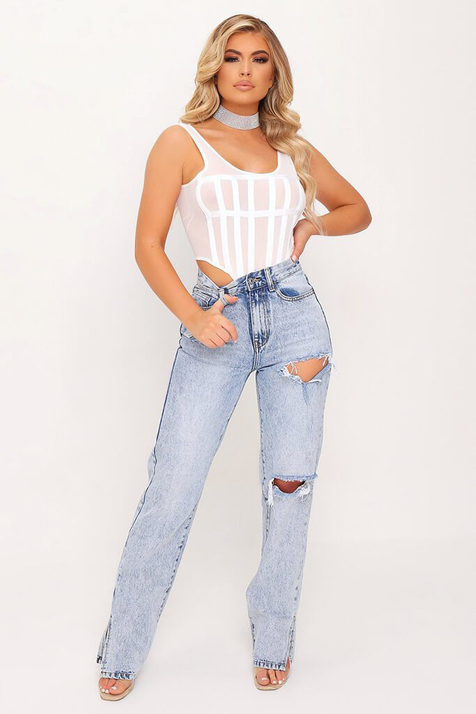 Ice Blue Distressed Split Hem Jeans