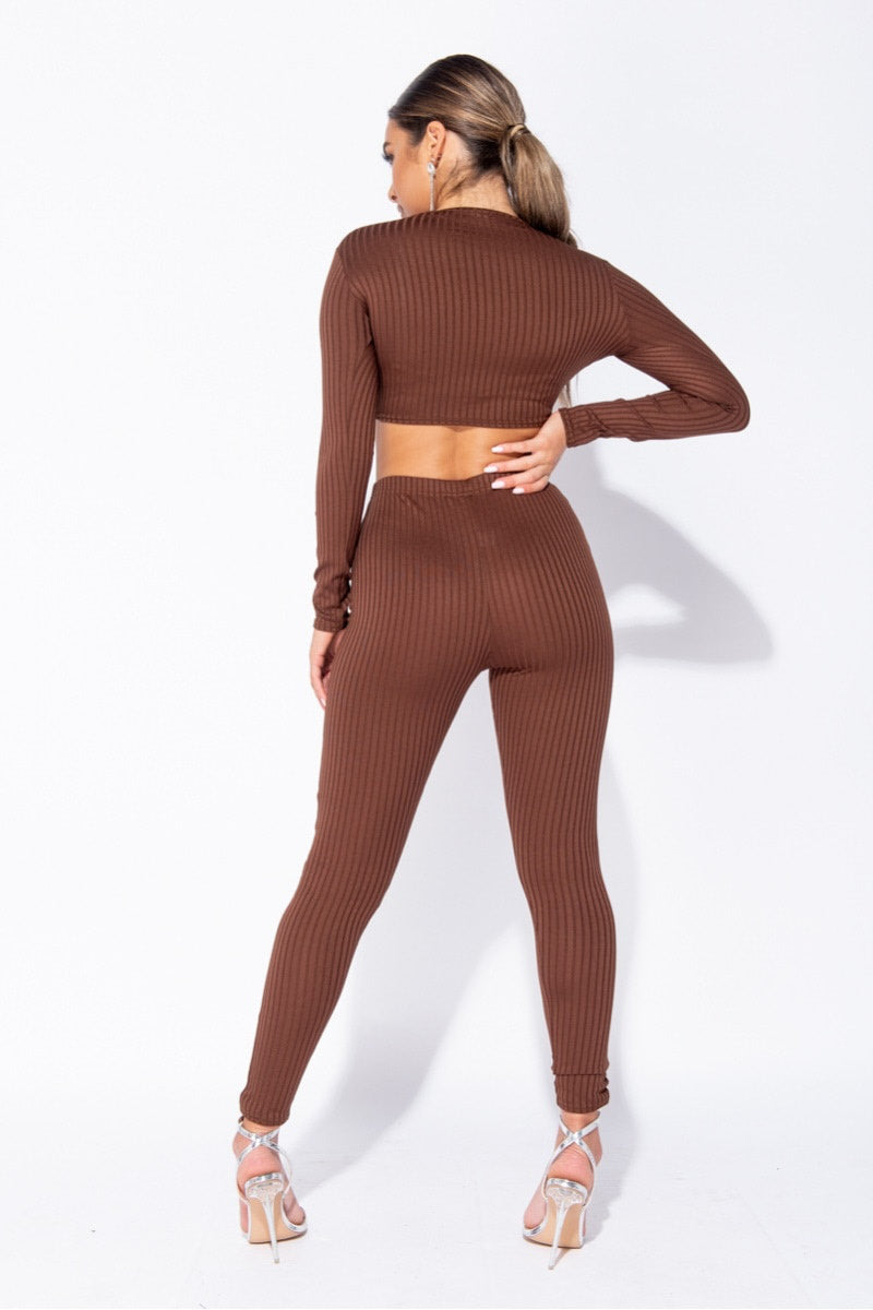 Brown Ribbed Ruched Front Loungewear Set