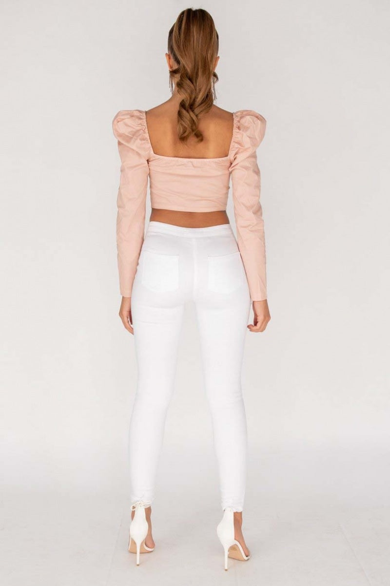 White Knee Slash High Waisted Jeans