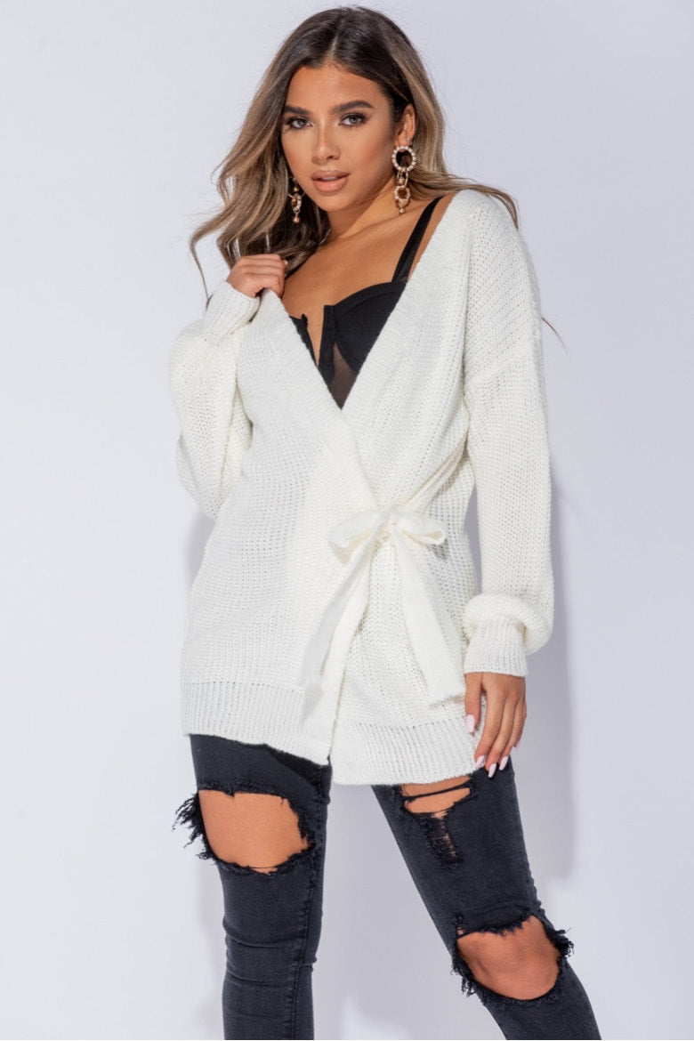 Cream Knitted Tie Front Mid Length Cardigan
