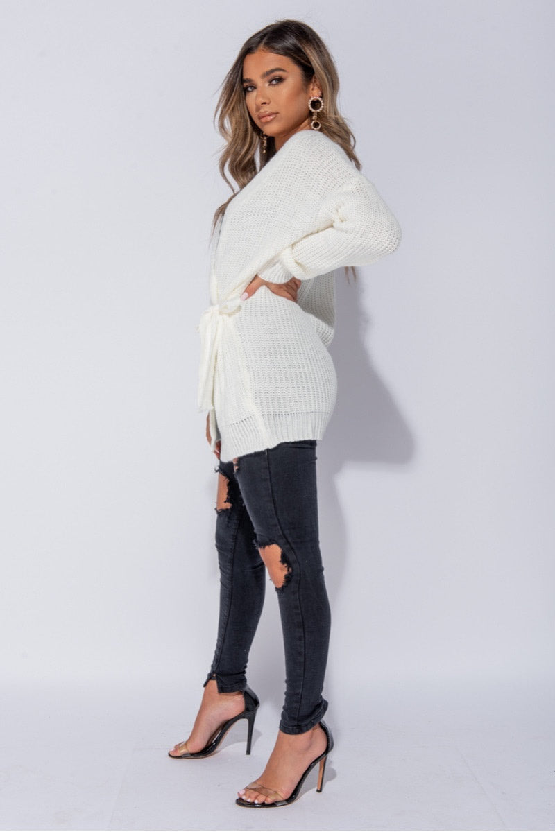 Cream Knitted Tie Front Mid Length Cardigan