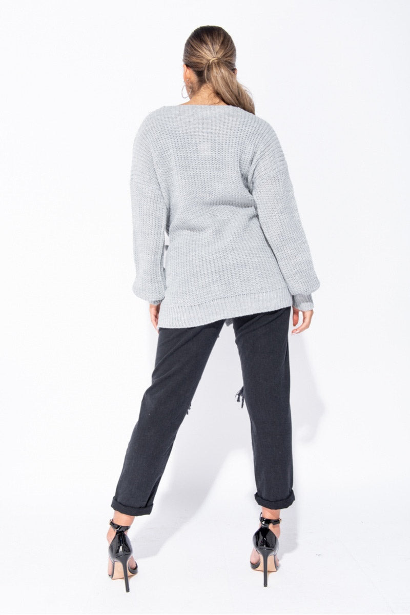 Light Grey Knitted Tie Front Mid Length Cardigan