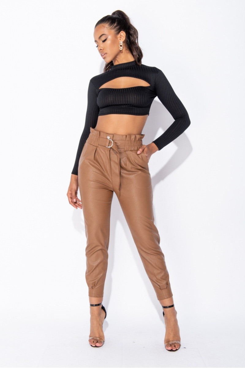 Black Ribbed Cut Out Front High Neck Crop Top