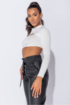 Cream Ribbed Cut Out Front High Neck Crop Top
