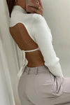 White Ribbed Backless Tie Back Crop Top
