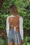 White Ribbed Backless Tie Back Crop Top