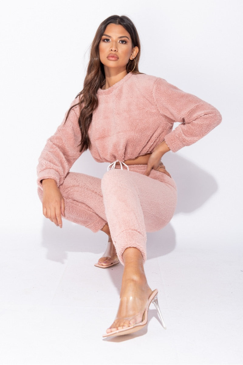 Pink Teddy Borg Top & Joggers Loungewear Set