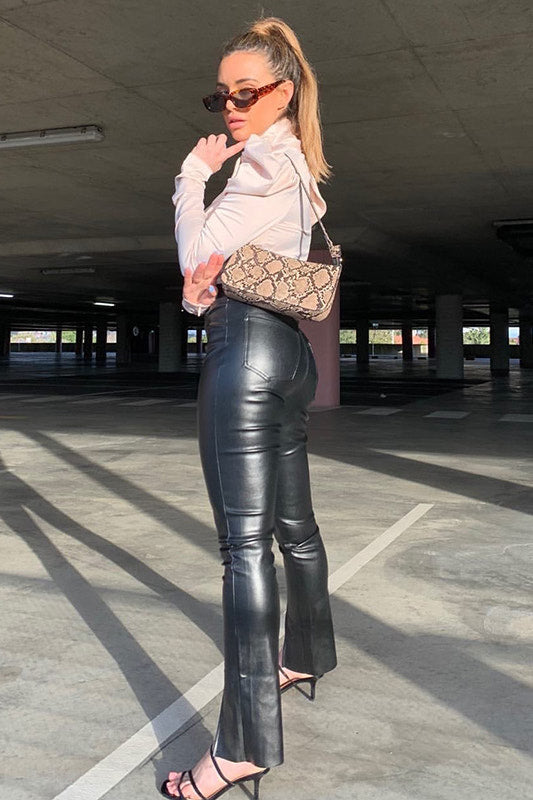 Black Split Front Faux Leather Trousers