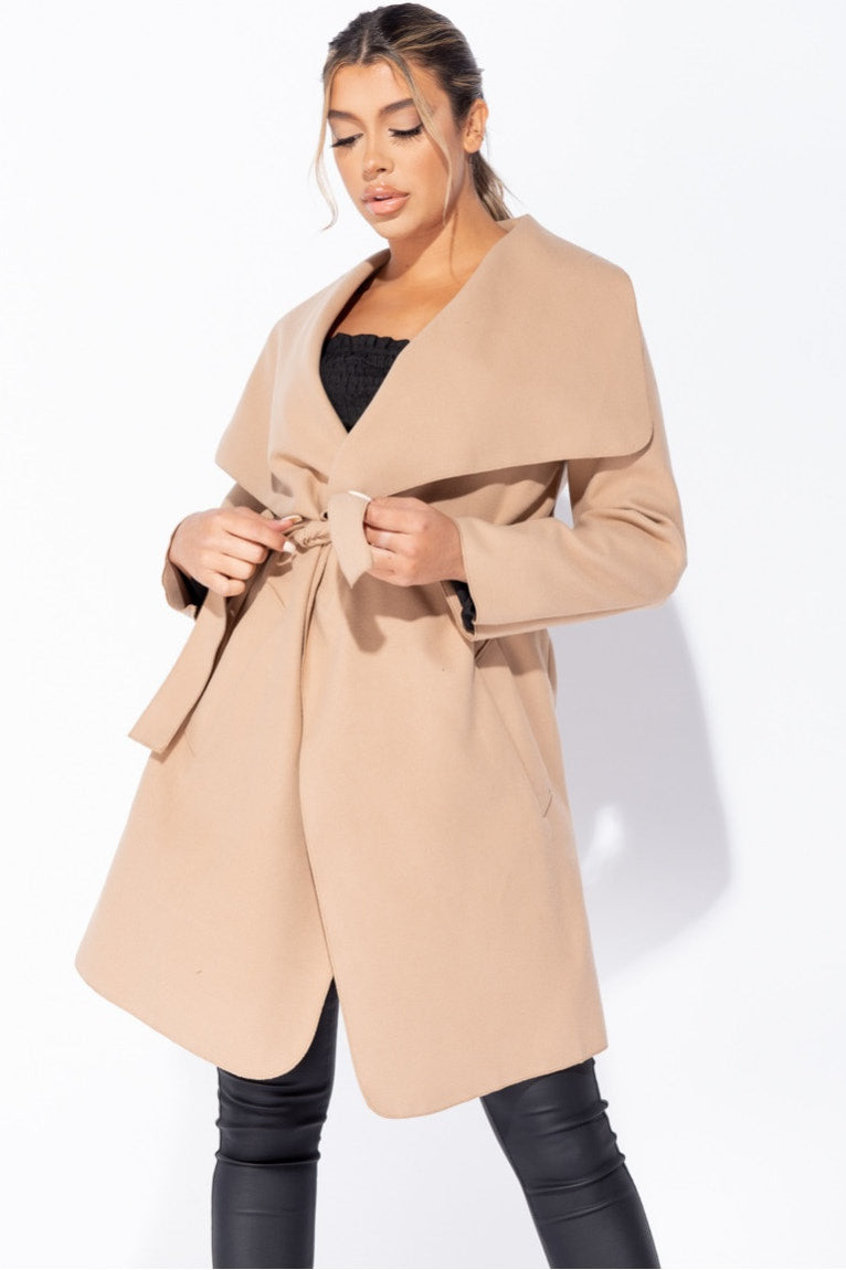Camel Oversized Belted Mid Length Waterfall Coat