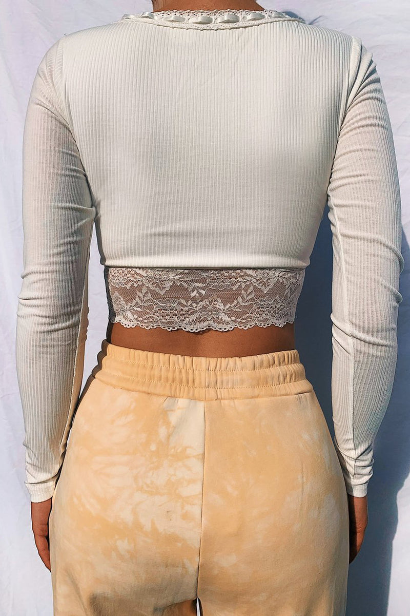 White Ribbed Lace Trim Crop Top
