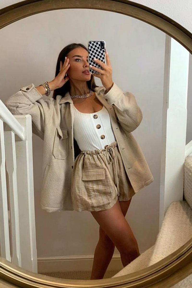 Beige Pocket Detail Oversized Shacket