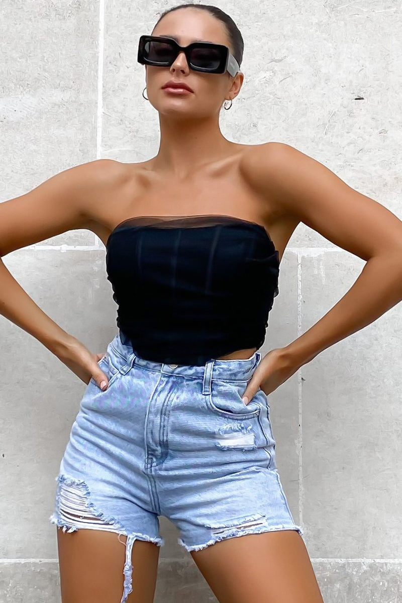 Black Boned Mesh Corset Crop Top