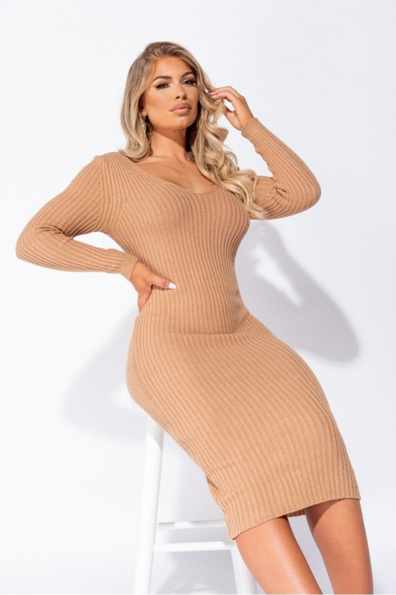 Camel V Neck Knitted Midi Dress
