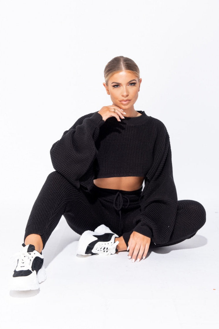 Black Waffle Knitted Lounge Set