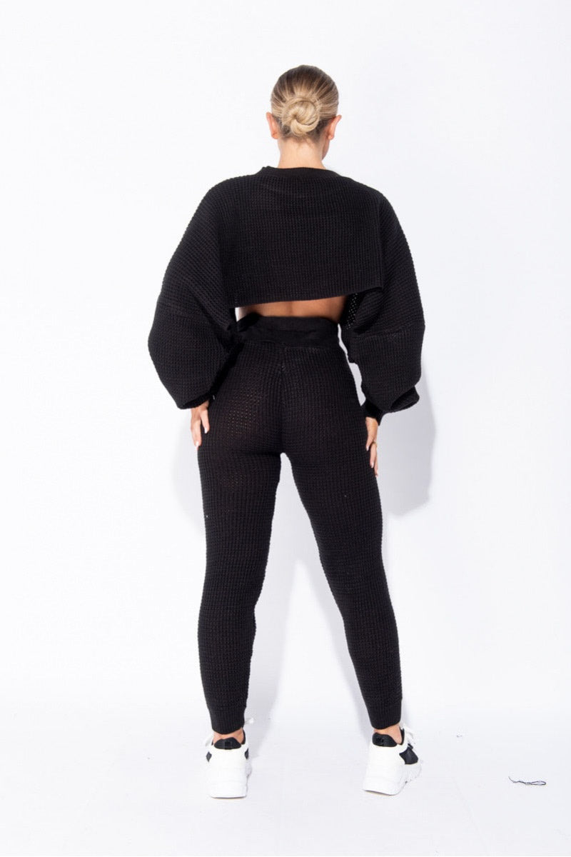 Black Waffle Knitted Lounge Set