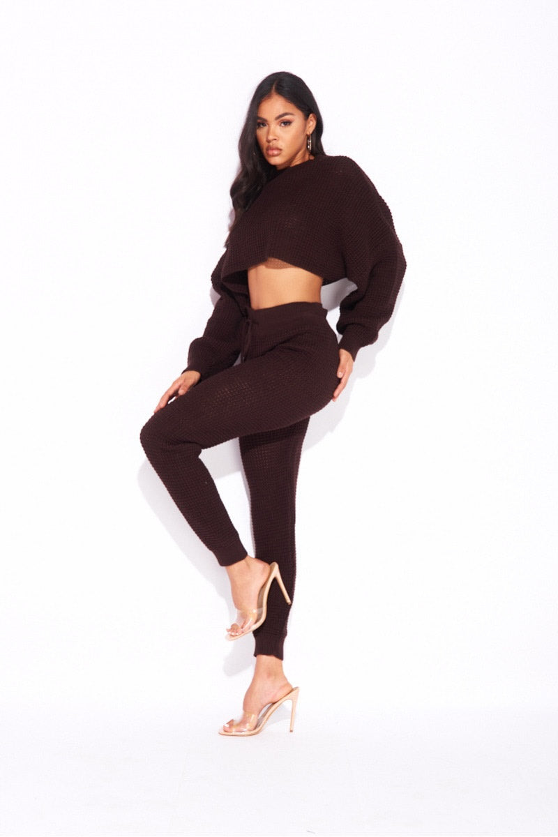 Brown Waffle Knitted Lounge Set