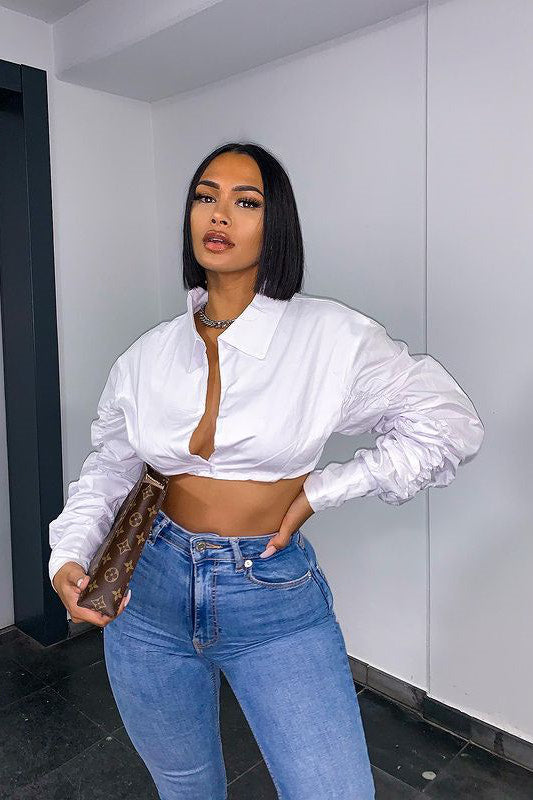 White Ruched Puff Sleeve Cropped Shirt