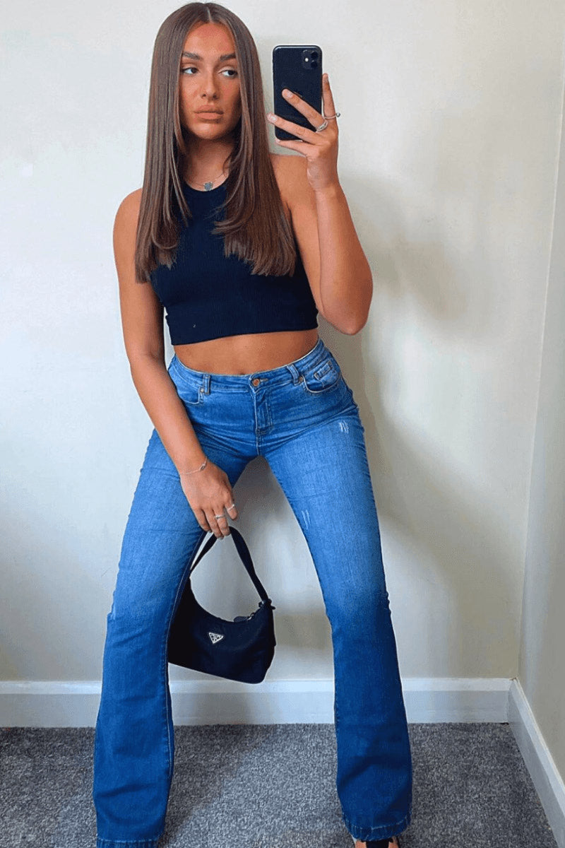 Dark Blue Wash Flared Hem Skinny Jeans