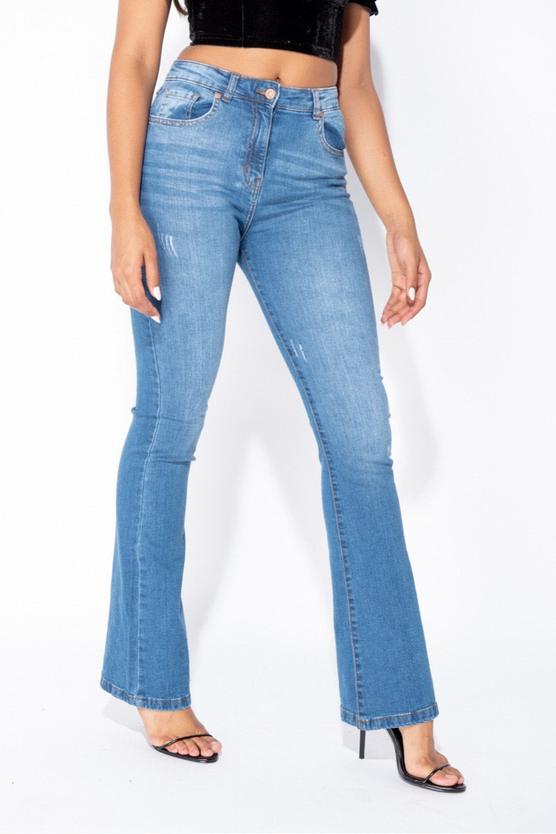 Dark Blue Wash Flared Hem Skinny Jeans