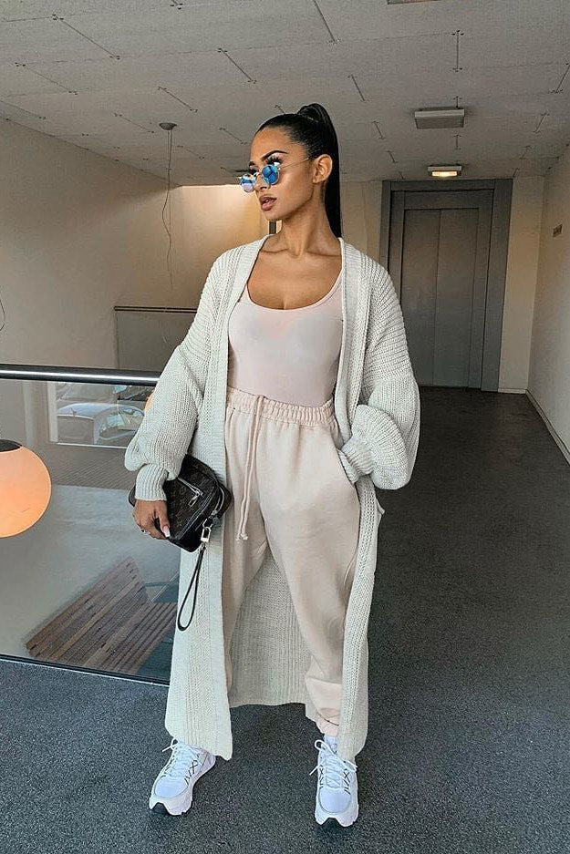 Beige Oversized Balloon Sleeve Knitted Cardigan