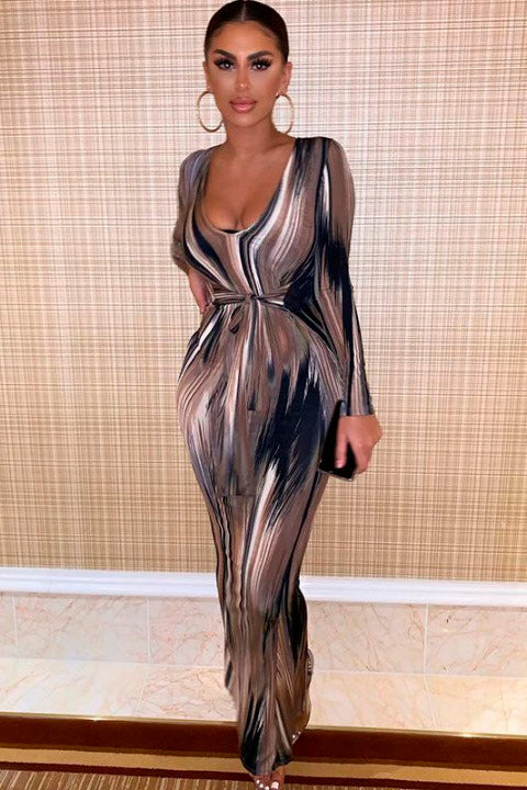 Brown Multi Print Plunge Tie Front Maxi Dress