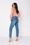 Mid Blue Wash Ankle Tie Denim Jeans