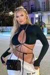 Black Keyhole Tie Detail Turtleneck Crop Top
