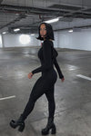 Black Seamless Plunge Long Sleeve Jumpsuit