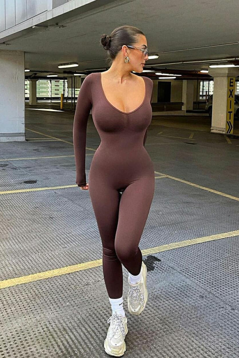 Chocolate Seamless Plunge Long Sleeve Jumpsuit