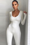 White Seamless Plunge Long Sleeve Jumpsuit