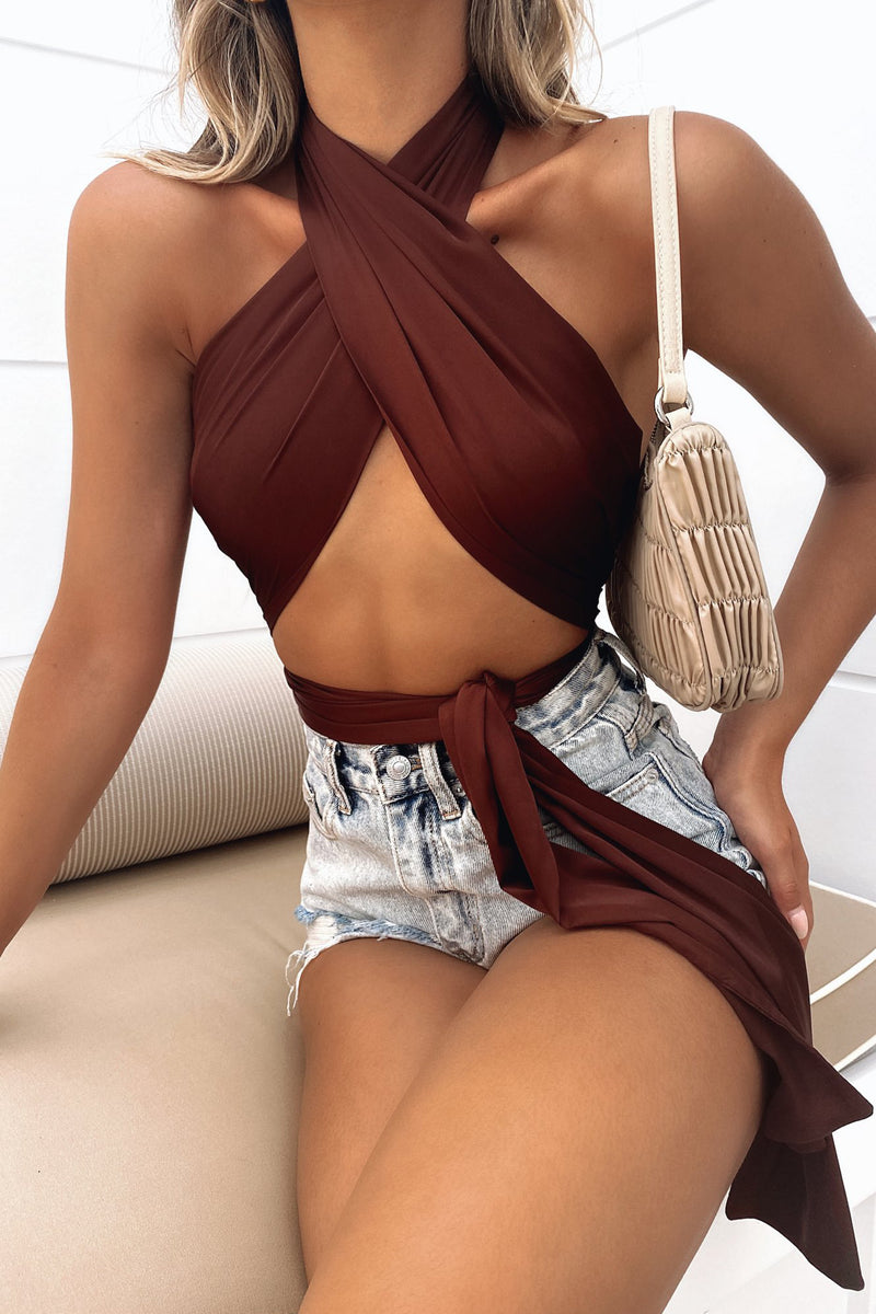 Brown Multi Way Scarf Wrap Crop Top