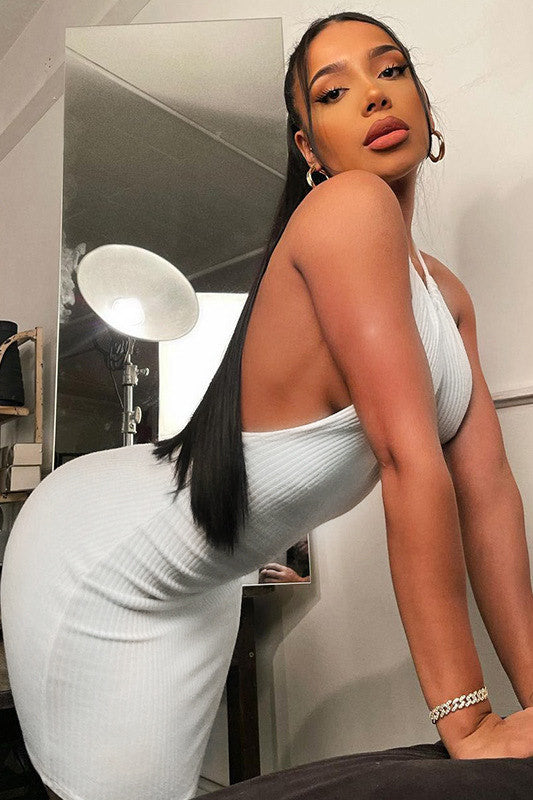 White Ribbed Backless Halterneck Mini Dress