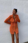 Apricot Ruched Slinky Button Down Shirt Dress