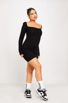 Black Ribbed Square Neck Long Sleeve Playsuit