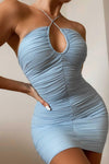 Pastel Blue Cross Strap Ruched Mini Dress