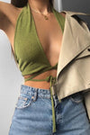 Moss Green Halterneck Tie Detail Crop Top