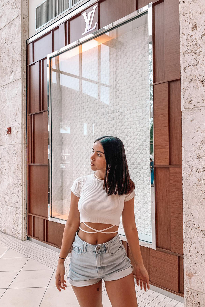 White Ribbed Tie Waist Crop Top