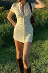 Cream Ruched Slinky Short Sleeve Button Down Dress