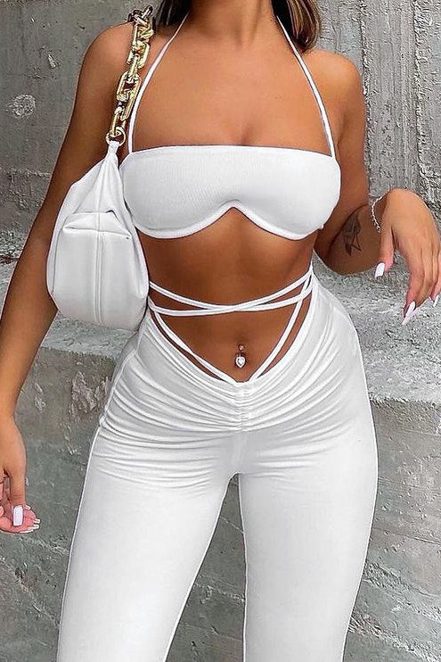 White Ruched Adjustable Tie Detail Top & Trousers Set