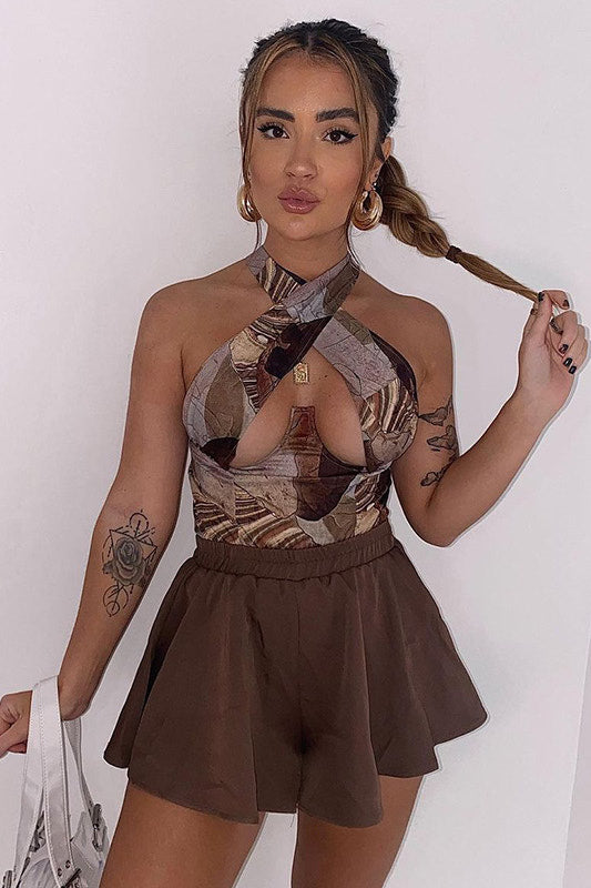 Beige Abstract Print Cross Over Underbust Halterneck Top