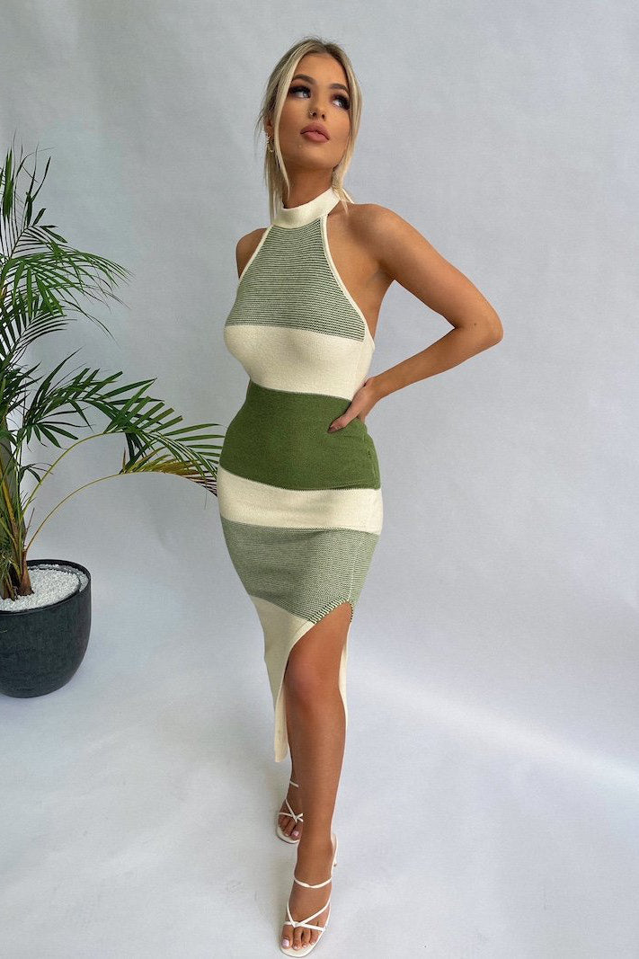 Green Stripe Thigh Split Halter Neck Midi Dress